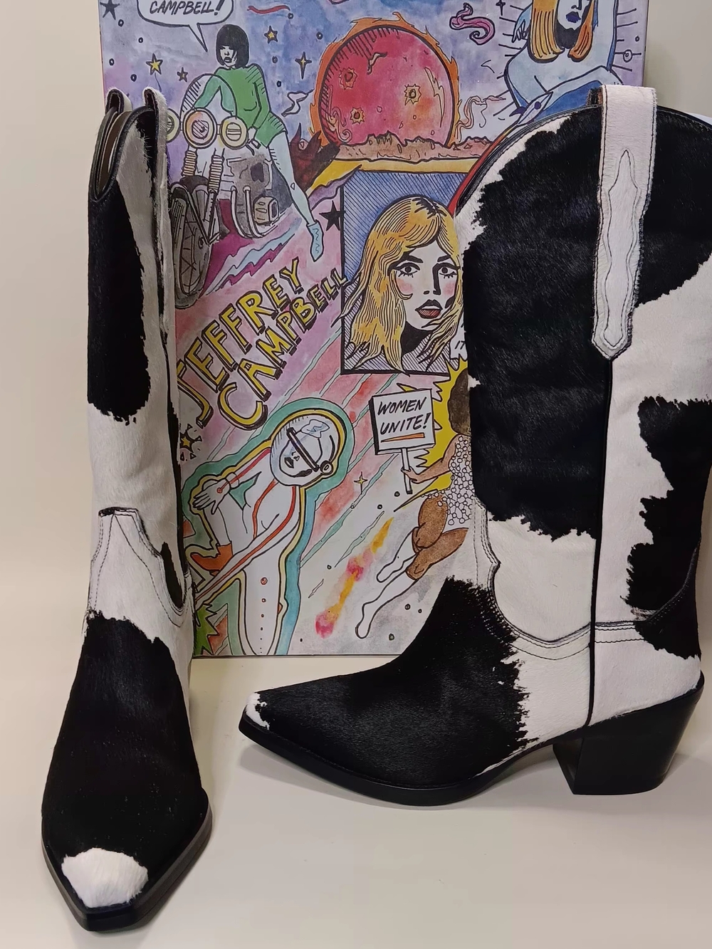 Jeffrey Campbell Black and White Cowhide Western Heeled Boots